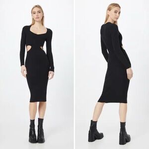 Black Long Sleeve Knit Cut Out Midi Dress